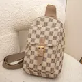 Letter patterned checkered chest bag for women in beige and brown canvas with buckle - Khaki