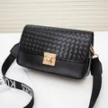 Black woven PU leather crossbody bag with golden lock and fashion letter wide strap - Black