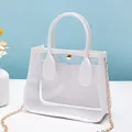 Women's transparent PVC handbag with white leather trim and gold chain shoulder strap - White