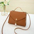 Brown woven texture small crossbody bag with gold buckle and pearl pendant detail - Dark Brown
