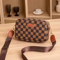 Brown checkered crossbody camera bag with HORHE brand label and wide nylon strap - Coffee