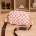 Pink and brown checkered camera bag with HORHE logo and adjustable nylon strap - Pink