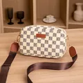 Chic beige and brown checkered camera bag with HORHE logo and wide nylon strap - Brown