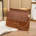 Brown crossbody square bag with gold ring buckle and sleek metal chain strap - Brown
