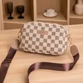 Beige checkered small crossbody camera bag with adjustable brown strap and gold hardware - Khaki
