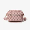 Roze crossbodytas met geometrische cirkelpatronen en een brede stoffen schouderriem - Roze