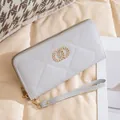 Quilted light grey long wallet for women with gold ring decor and wrist strap - Gray