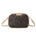 Brown camera bag with letter prints, khaki trim, and golden hardware details - Apricot / Thin Leather Strap