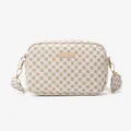 White crossbody camera bag with brown geometric heart pattern and golden hardware - White