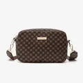 Brown monogram camera bag with clover pattern and adjustable wide fabric strap - Coffee