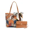 Two-piece geometric tote bag set with crocodile texture, scarf decor, and small pouch - Cube Blue Splicing