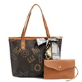 Brown monogram tote bag set for women with matching envelope clutch and decorative scarf - Letter Brown