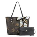Deep brown textured faux leather tote and envelope clutch set with letter print - Letter Black