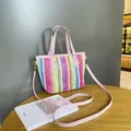 Bolso tote de tejido con rayas verticales coloridas y asas de cuero rosa - Multicolor