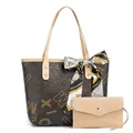 Brown monogram tote bag with beige envelope pouch and decorative floral handle scarf - Letter Khaki