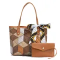 Brown geometric quilted tote bag set with matching pouch and decorative scarf accessory - Cube Gray Splicing