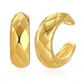 Boucles d'oreilles ear cuff en or 18K à motif matelassé en forme de C pour femmes sans perçage - Style Losange Irrégulier Martelé (KE0039) / Or