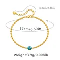 Detail of 18K gold-plated beaded bracelet with blue evil eye charm and size dimensions - Blue Bead Evil Eye Style (KB0238-1)