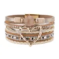 Boheemse meerlaagse wikkelarmband met gouden hartvormige bedel en magneetsluiting - Beige (SZ00116-5)