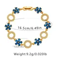 Golden flower bracelet with blue marquise stones and crystal pavé rings, 16.5cm length - Blue Flower Style (KB0379-2)