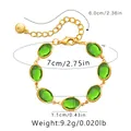 Gold leaf bracelet with green glass crystals and detailed size measurements shown - Green Oval Drill Style (KB0456-3)