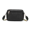 Black leather crossbody camera bag with V-quilted texture and colorful woven strap - Black