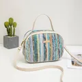 Crossbody camera bag with blue green woven pattern and gold metal plate detail - Blue Yellow Brown Color Block Stripes (Style 2)
