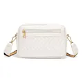 White quilted crossbody camera bag with gold hardware and colorful jacquard strap - White