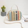 Colorful striped woven crossbody camera bag with beige handles and gold metal detail - Multicolor Horizontal Rainbow Stripes (Style 3)