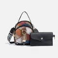 Quilted patchwork shoulder bag with pearl cat charm and wide branded webbing strap - Patchwork Bag And Pouch / Black