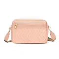 Pink PU leather shoulder bag with V-shaped quilting and colorful geometric woven strap - Pink