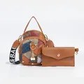 Patchwork quilted PU leather backpack with brown clutch and pearl cat charm - Patchwork Bag And Pouch / Brown