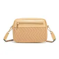 Beige crossbody cameratas met V-vormig stiksel en een geweven schouderband met motief - Khaki