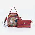 Deep red cube crossbody bag with crocodile texture, cat charm and pearl tassel - Patchwork Bag And Pouch / Red