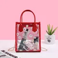 Transparent daisy crossbody bag with red leather trim and golden metal chain strap - Red