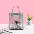 Green PVC clear tote bag with daisy print and gold chain strap for women - Green