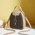 Mini cat backpack for women with contrast printed panels and cat charm in beige - Coffee