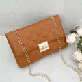 Bolso bandolera acolchado para mujer en cuero PU marrón con cadena dorada y cierre - Marrón