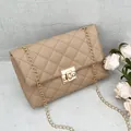 Elegant nude quilted crossbody bag with golden square lock and chain strap - Khaki