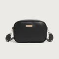 Black cross-body camera bag with litchi texture and black-white patterned strap - Black
