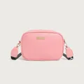 Pink lychee texture crossbody bag with gold metal plate and wide woven strap - Pink