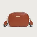Brown litchi grain crossbody bag with a gold metal plate and wide patterned strap - Brown