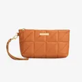 Caramel brown quilted mini square bag with triangular embroidery and wrist strap - Brown