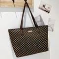 Brown leather tote bag with yellow geometric pattern and metal logo plate - Coffee