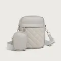 Borsa a tracolla verticale grigia trapuntata con mini astuccio e cinghia in tessuto - Grigio