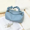 Light blue lychee pattern mini pillow bag with soft ruched handle and chain strap - Blue