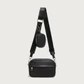 Black quilted crossbody bag with adjustable wide strap and small round coin purse - Black