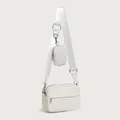 White quilted crossbody camera bag with wide nylon strap and matching mini coin purse - White
