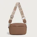 Brown litchi grain crossbody bag with a geometric wide woven shoulder strap - Khaki