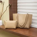 Minimalist mocha faux leather tote bag and zipper pouch set with slim straps - Khaki